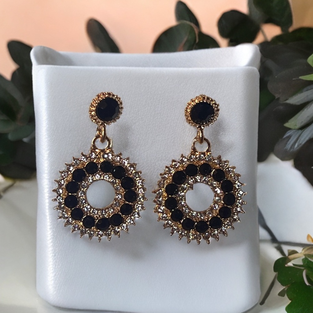 Mint Gold Black Rhinestone Statement Drop Earrings NWT Round Dangle